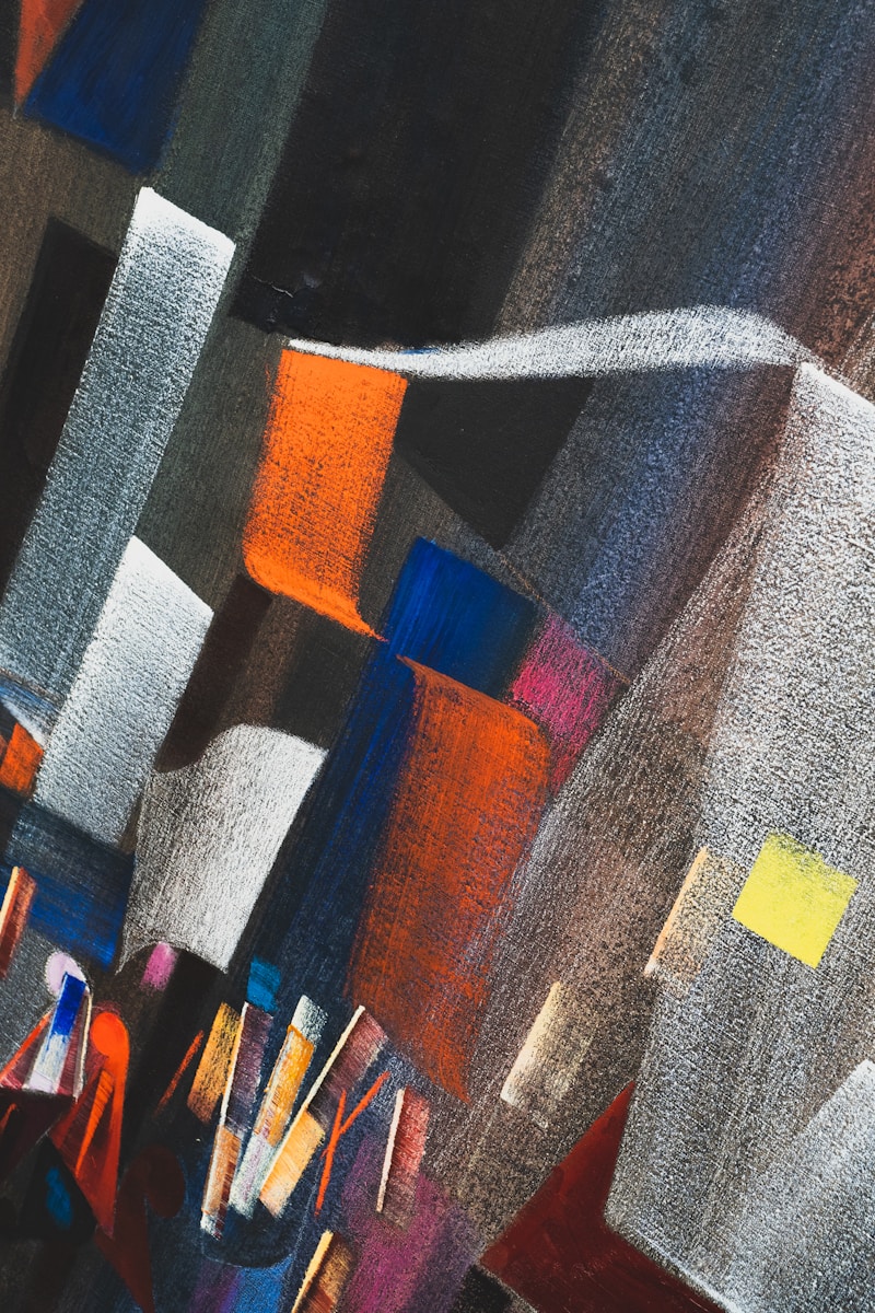 a painting of a cityscape with lots of colors